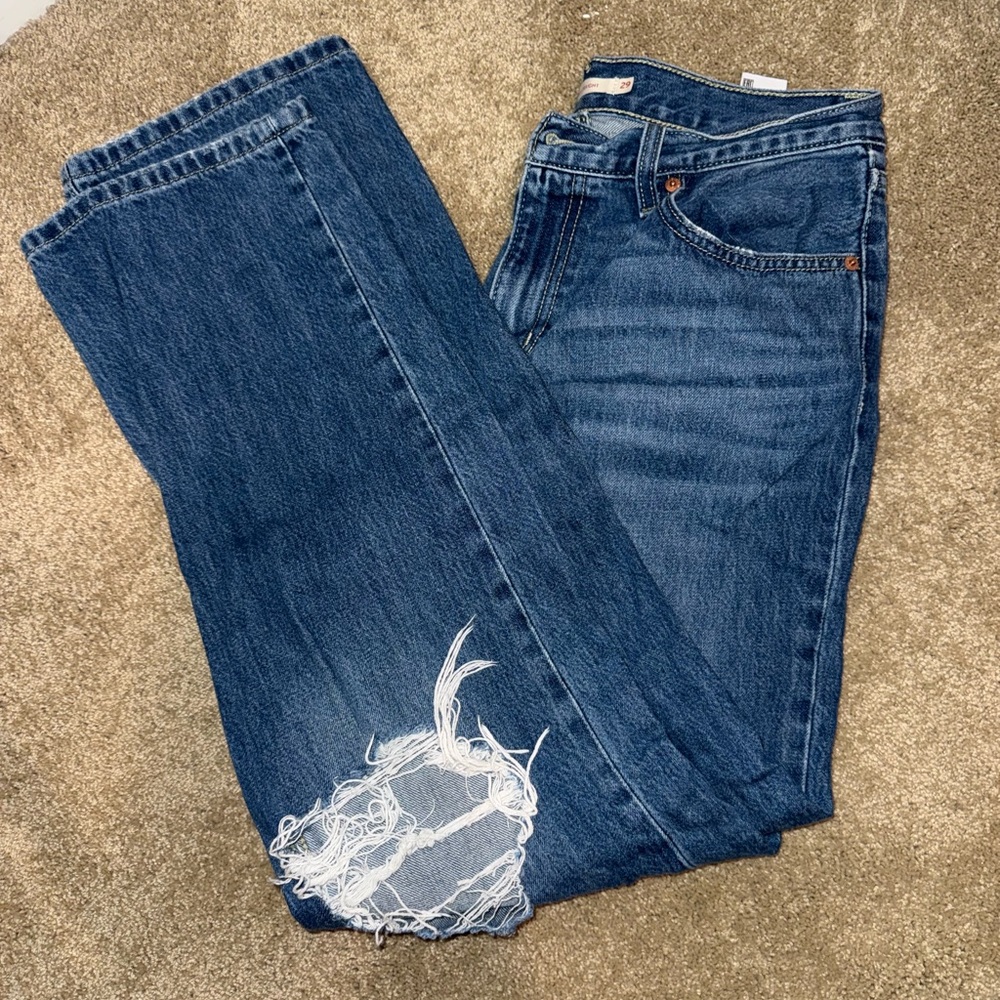 Levi's Blue Boyfriend Jeans with Distressed Knees Low Pro Straight - Picture 4 of 6